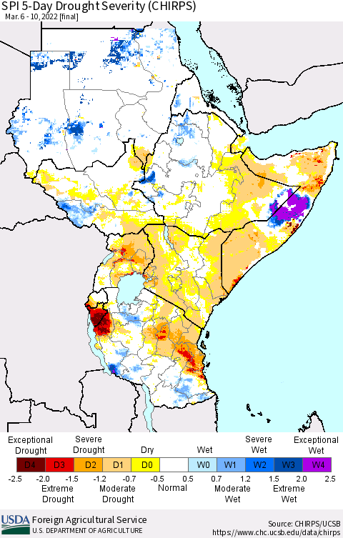 Eastern Africa SPI 5-Day Drought Severity (CHIRPS) Thematic Map For 3/6/2022 - 3/10/2022