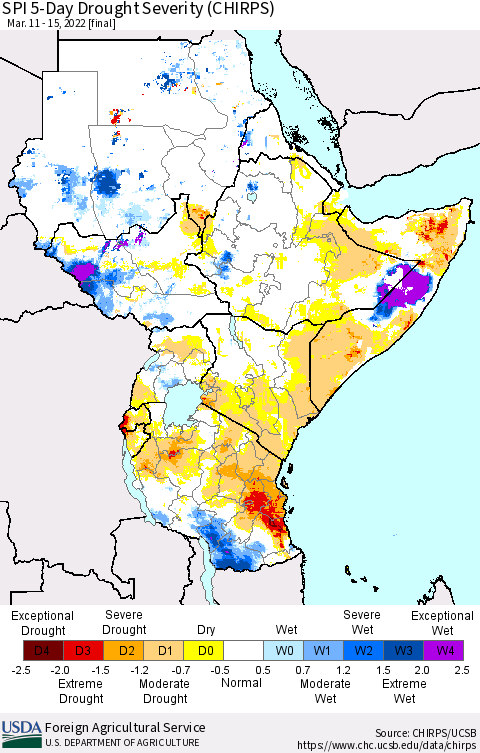 Eastern Africa SPI 5-Day Drought Severity (CHIRPS) Thematic Map For 3/11/2022 - 3/15/2022
