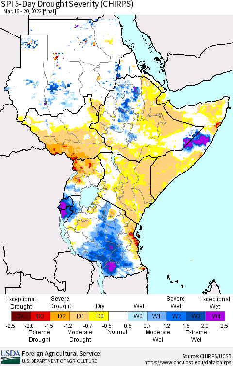 Eastern Africa SPI 5-Day Drought Severity (CHIRPS) Thematic Map For 3/16/2022 - 3/20/2022