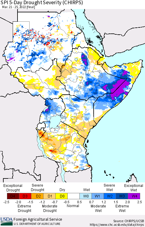 Eastern Africa SPI 5-Day Drought Severity (CHIRPS) Thematic Map For 3/21/2022 - 3/25/2022