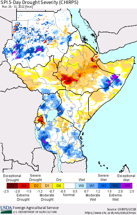 Eastern Africa SPI 5-Day Drought Severity (CHIRPS) Thematic Map For 3/26/2022 - 3/31/2022