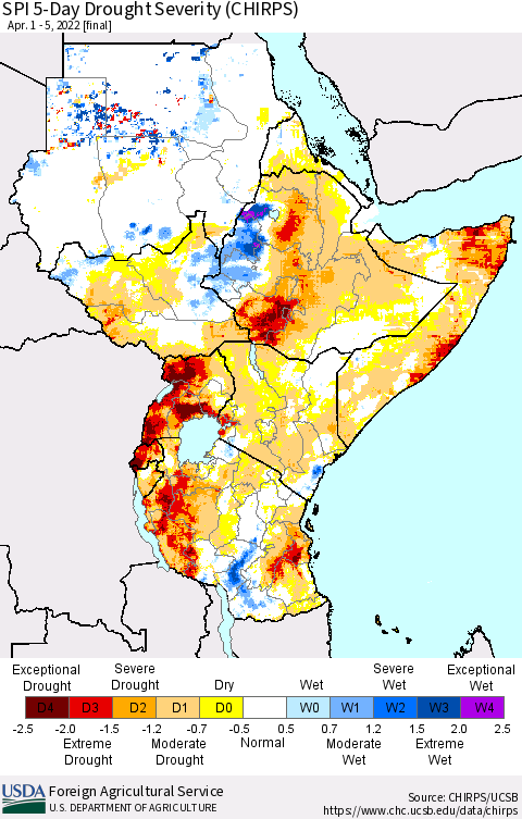 Eastern Africa SPI 5-Day Drought Severity (CHIRPS) Thematic Map For 4/1/2022 - 4/5/2022