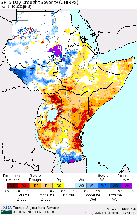 Eastern Africa SPI 5-Day Drought Severity (CHIRPS) Thematic Map For 4/6/2022 - 4/10/2022