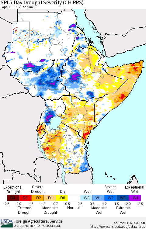 Eastern Africa SPI 5-Day Drought Severity (CHIRPS) Thematic Map For 4/11/2022 - 4/15/2022