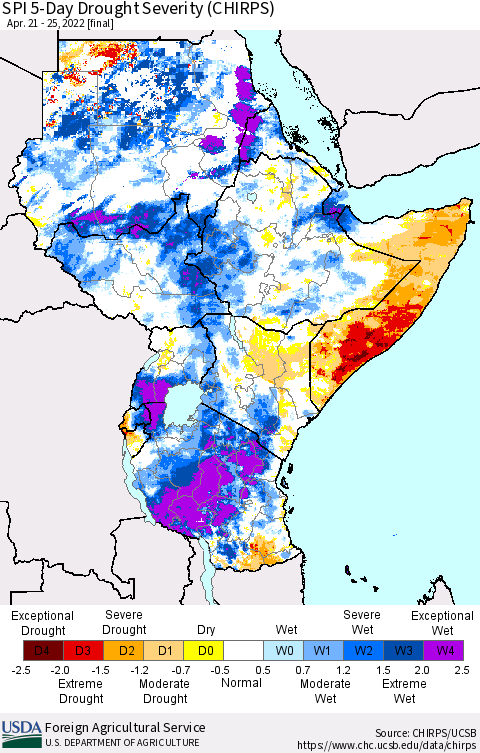 Eastern Africa SPI 5-Day Drought Severity (CHIRPS) Thematic Map For 4/21/2022 - 4/25/2022