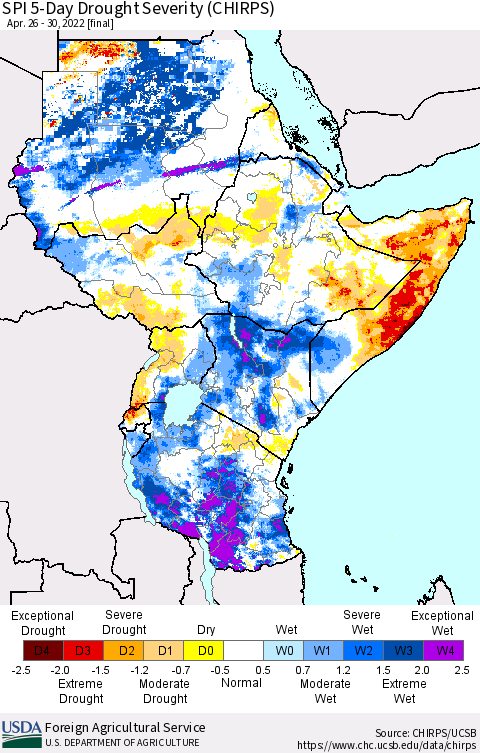 Eastern Africa SPI 5-Day Drought Severity (CHIRPS) Thematic Map For 4/26/2022 - 4/30/2022