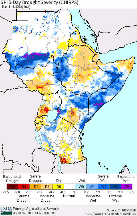 Eastern Africa SPI 5-Day Drought Severity (CHIRPS) Thematic Map For 5/1/2022 - 5/5/2022