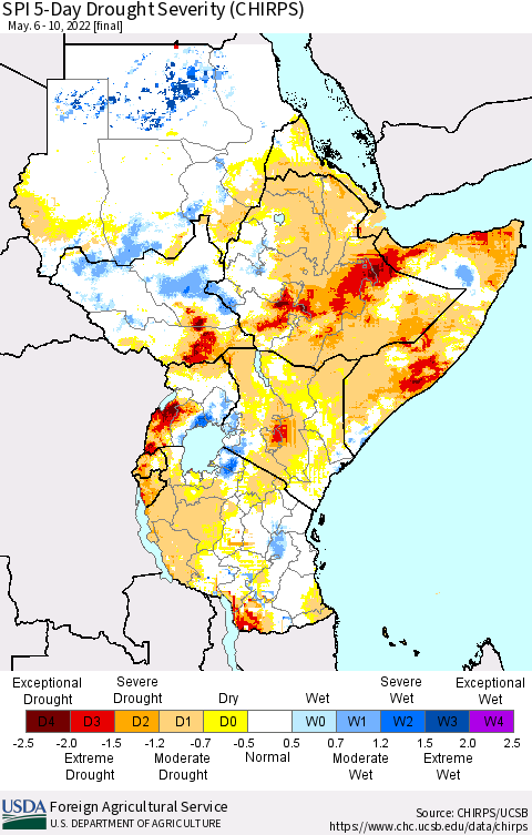 Eastern Africa SPI 5-Day Drought Severity (CHIRPS) Thematic Map For 5/6/2022 - 5/10/2022