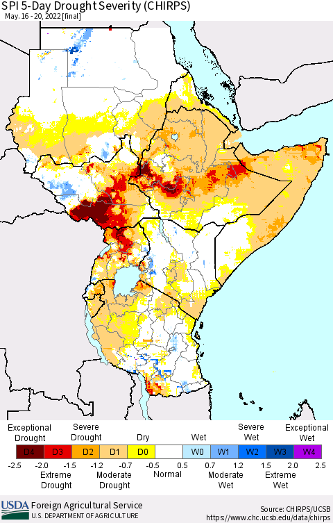 Eastern Africa SPI 5-Day Drought Severity (CHIRPS) Thematic Map For 5/16/2022 - 5/20/2022