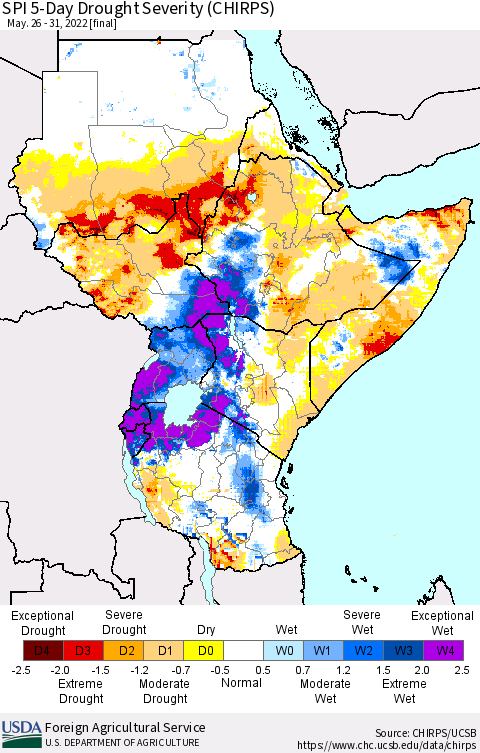 Eastern Africa SPI 5-Day Drought Severity (CHIRPS) Thematic Map For 5/26/2022 - 5/31/2022