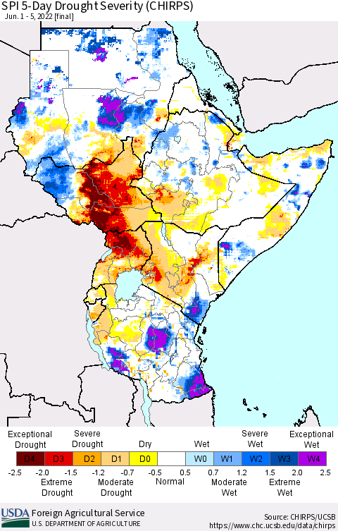 Eastern Africa SPI 5-Day Drought Severity (CHIRPS) Thematic Map For 6/1/2022 - 6/5/2022