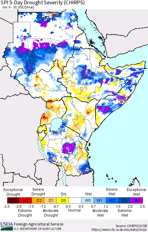 Eastern Africa SPI 5-Day Drought Severity (CHIRPS) Thematic Map For 6/6/2022 - 6/10/2022