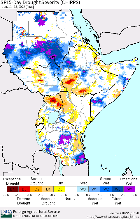 Eastern Africa SPI 5-Day Drought Severity (CHIRPS) Thematic Map For 6/11/2022 - 6/15/2022