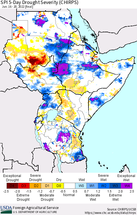 Eastern Africa SPI 5-Day Drought Severity (CHIRPS) Thematic Map For 6/16/2022 - 6/20/2022