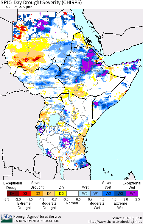 Eastern Africa SPI 5-Day Drought Severity (CHIRPS) Thematic Map For 6/21/2022 - 6/25/2022