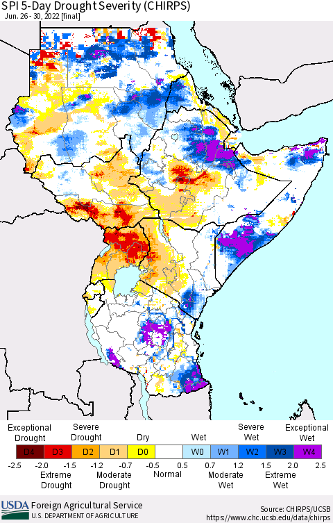 Eastern Africa SPI 5-Day Drought Severity (CHIRPS) Thematic Map For 6/26/2022 - 6/30/2022