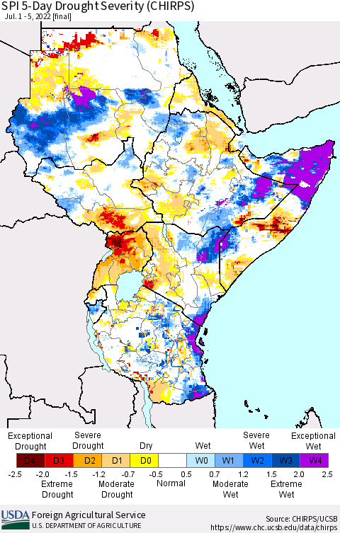 Eastern Africa SPI 5-Day Drought Severity (CHIRPS) Thematic Map For 7/1/2022 - 7/5/2022