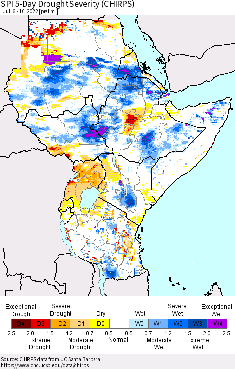 Eastern Africa SPI 5-Day Drought Severity (CHIRPS) Thematic Map For 7/6/2022 - 7/10/2022