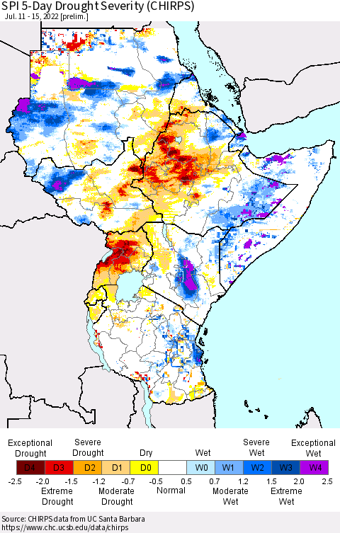 Eastern Africa SPI 5-Day Drought Severity (CHIRPS) Thematic Map For 7/11/2022 - 7/15/2022