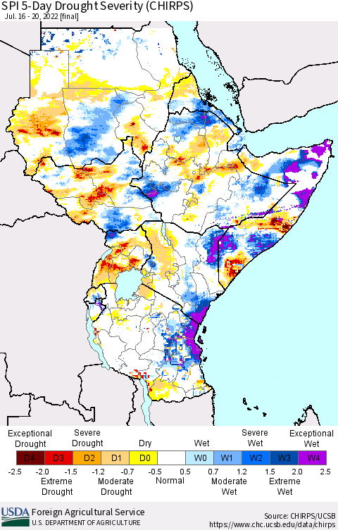 Eastern Africa SPI 5-Day Drought Severity (CHIRPS) Thematic Map For 7/16/2022 - 7/20/2022