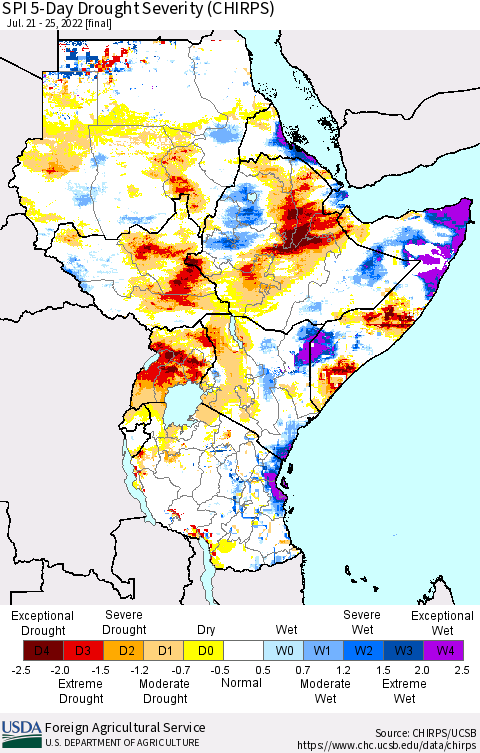 Eastern Africa SPI 5-Day Drought Severity (CHIRPS) Thematic Map For 7/21/2022 - 7/25/2022