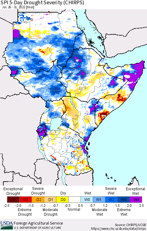 Eastern Africa SPI 5-Day Drought Severity (CHIRPS) Thematic Map For 7/26/2022 - 7/31/2022