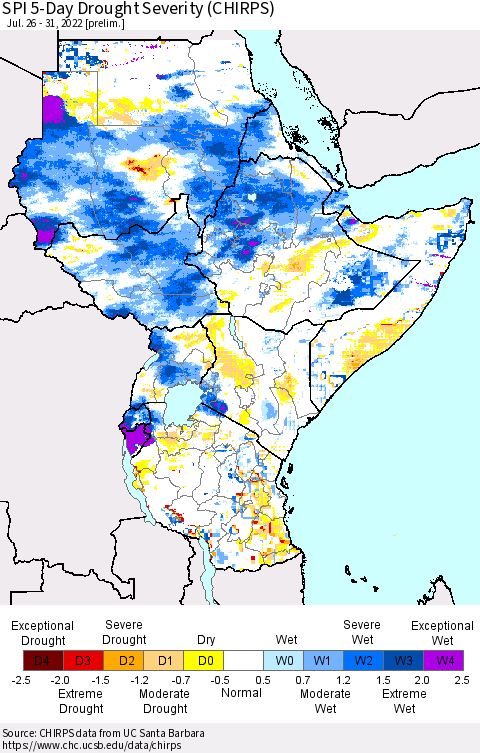 Eastern Africa SPI 5-Day Drought Severity (CHIRPS) Thematic Map For 7/26/2022 - 7/31/2022
