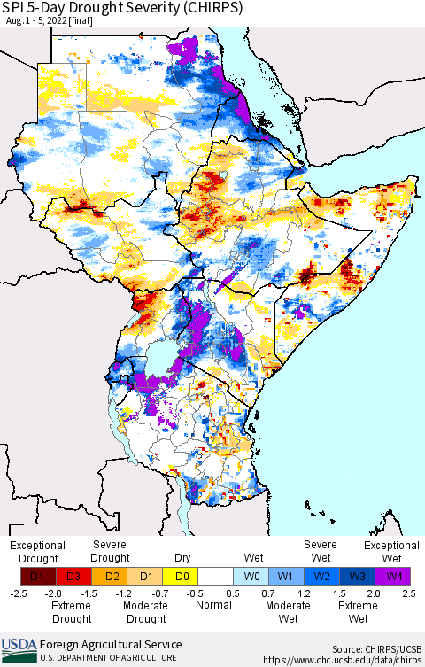 Eastern Africa SPI 5-Day Drought Severity (CHIRPS) Thematic Map For 8/1/2022 - 8/5/2022