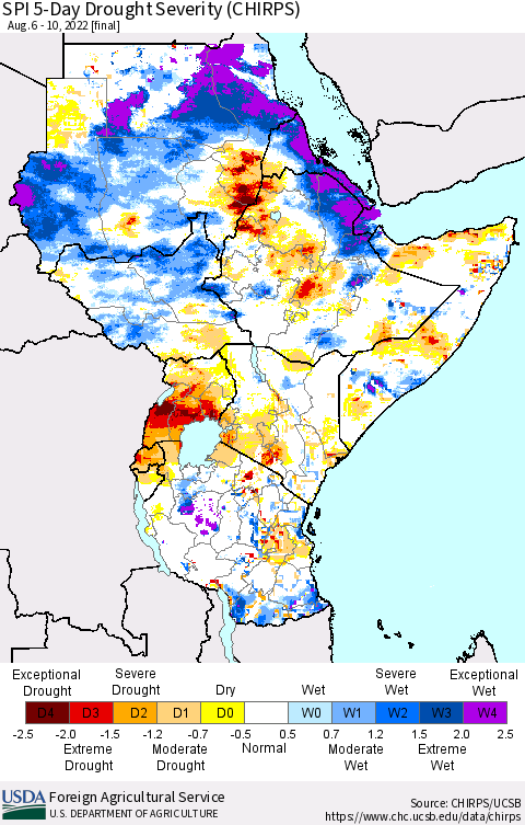 Eastern Africa SPI 5-Day Drought Severity (CHIRPS) Thematic Map For 8/6/2022 - 8/10/2022