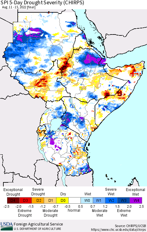 Eastern Africa SPI 5-Day Drought Severity (CHIRPS) Thematic Map For 8/11/2022 - 8/15/2022