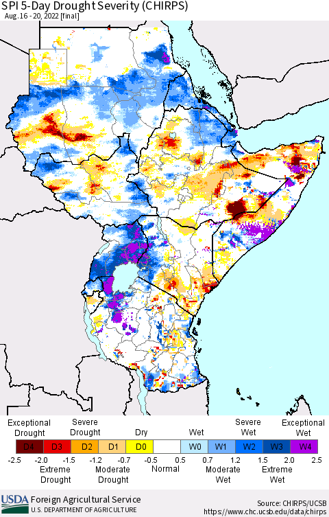 Eastern Africa SPI 5-Day Drought Severity (CHIRPS) Thematic Map For 8/16/2022 - 8/20/2022