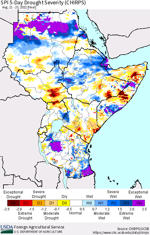 Eastern Africa SPI 5-Day Drought Severity (CHIRPS) Thematic Map For 8/21/2022 - 8/25/2022