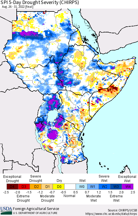 Eastern Africa SPI 5-Day Drought Severity (CHIRPS) Thematic Map For 8/26/2022 - 8/31/2022