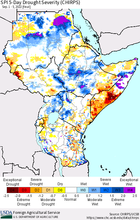 Eastern Africa SPI 5-Day Drought Severity (CHIRPS) Thematic Map For 9/1/2022 - 9/5/2022