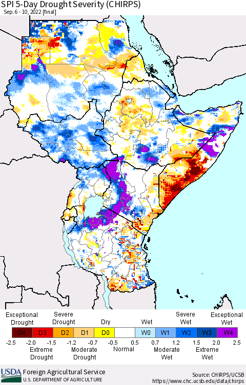 Eastern Africa SPI 5-Day Drought Severity (CHIRPS) Thematic Map For 9/6/2022 - 9/10/2022