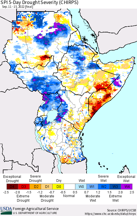 Eastern Africa SPI 5-Day Drought Severity (CHIRPS) Thematic Map For 9/11/2022 - 9/15/2022