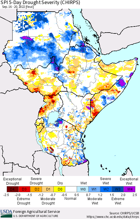 Eastern Africa SPI 5-Day Drought Severity (CHIRPS) Thematic Map For 9/16/2022 - 9/20/2022
