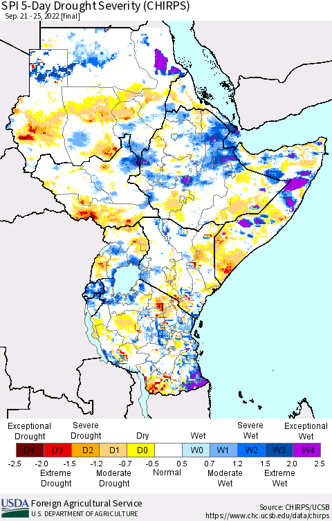 Eastern Africa SPI 5-Day Drought Severity (CHIRPS) Thematic Map For 9/21/2022 - 9/25/2022