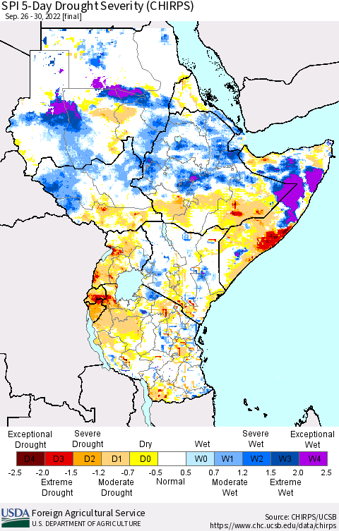 Eastern Africa SPI 5-Day Drought Severity (CHIRPS) Thematic Map For 9/26/2022 - 9/30/2022