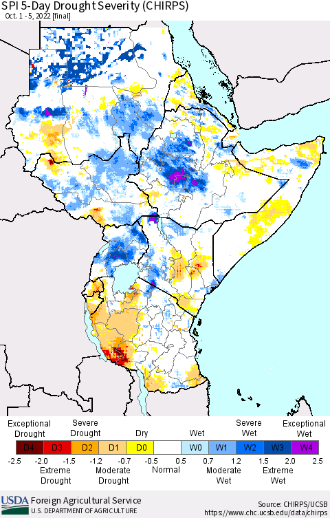Eastern Africa SPI 5-Day Drought Severity (CHIRPS) Thematic Map For 10/1/2022 - 10/5/2022