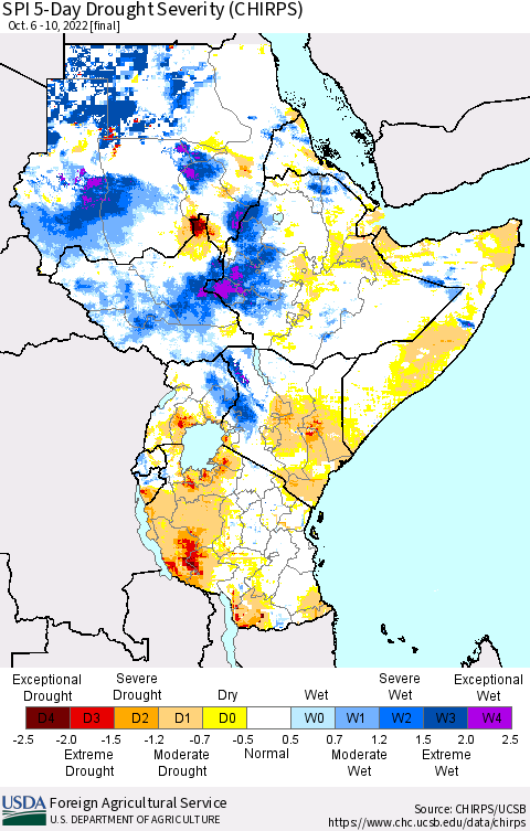 Eastern Africa SPI 5-Day Drought Severity (CHIRPS) Thematic Map For 10/6/2022 - 10/10/2022