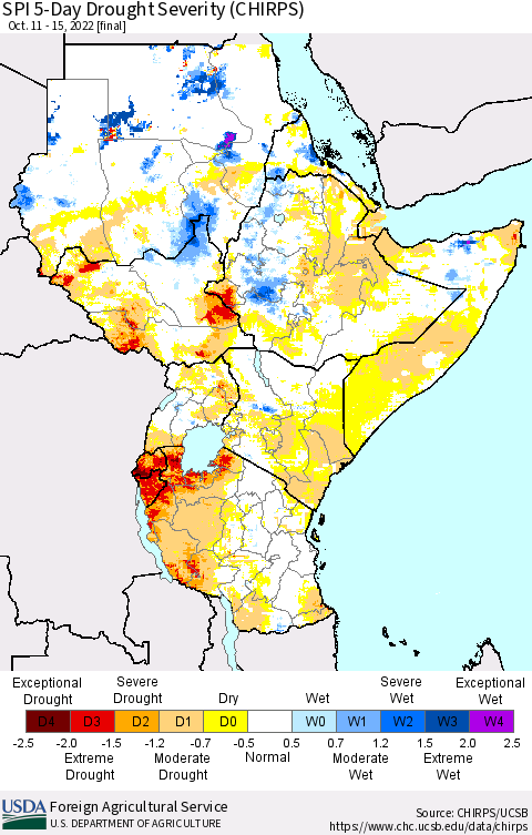 Eastern Africa SPI 5-Day Drought Severity (CHIRPS) Thematic Map For 10/11/2022 - 10/15/2022