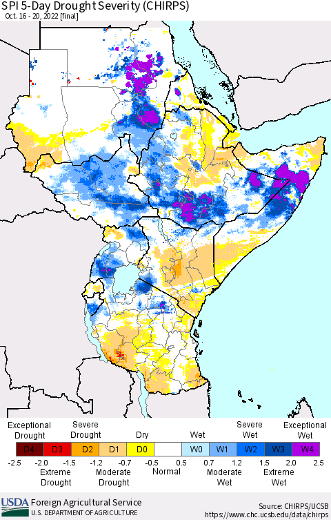 Eastern Africa SPI 5-Day Drought Severity (CHIRPS) Thematic Map For 10/16/2022 - 10/20/2022