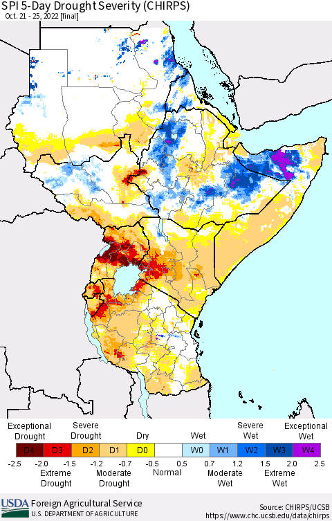 Eastern Africa SPI 5-Day Drought Severity (CHIRPS) Thematic Map For 10/21/2022 - 10/25/2022