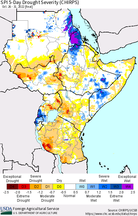 Eastern Africa SPI 5-Day Drought Severity (CHIRPS) Thematic Map For 10/26/2022 - 10/31/2022
