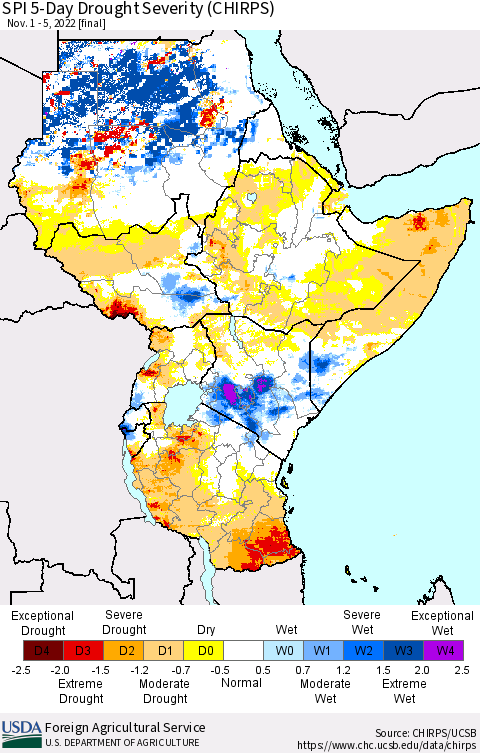 Eastern Africa SPI 5-Day Drought Severity (CHIRPS) Thematic Map For 11/1/2022 - 11/5/2022