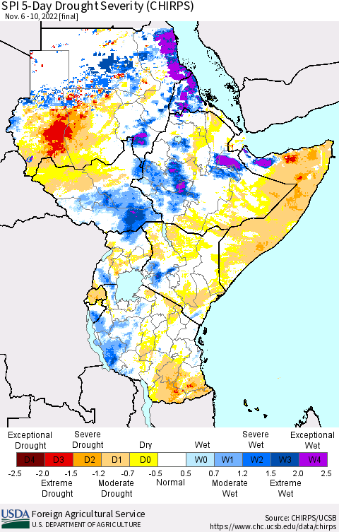 Eastern Africa SPI 5-Day Drought Severity (CHIRPS) Thematic Map For 11/6/2022 - 11/10/2022
