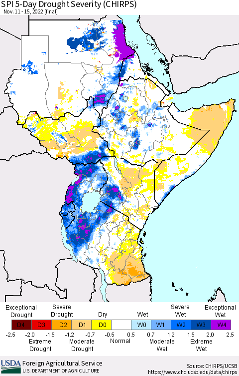Eastern Africa SPI 5-Day Drought Severity (CHIRPS) Thematic Map For 11/11/2022 - 11/15/2022
