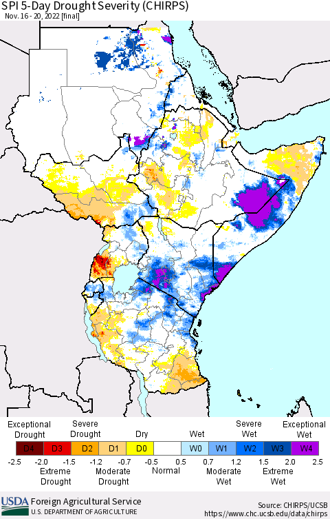 Eastern Africa SPI 5-Day Drought Severity (CHIRPS) Thematic Map For 11/16/2022 - 11/20/2022