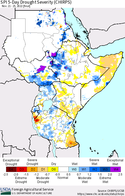 Eastern Africa SPI 5-Day Drought Severity (CHIRPS) Thematic Map For 11/21/2022 - 11/25/2022